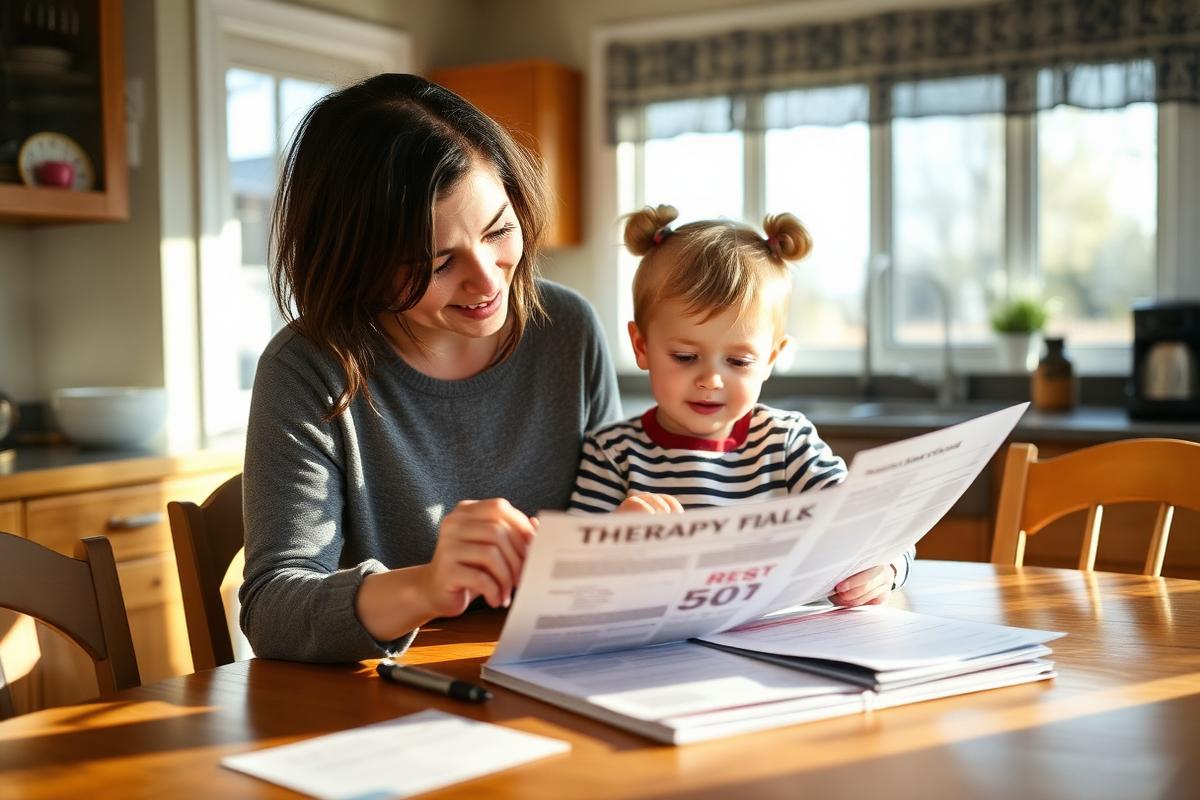 Mother and young child reviewing ABA therapy cost and insurance paperwork together at a sunlit kitchen table in Minnesota