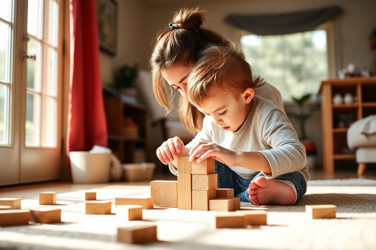 Toddler and ABA therapist playing with wooden blocks in a sunlit Minnesota home during a play-based ABA therapy hours session