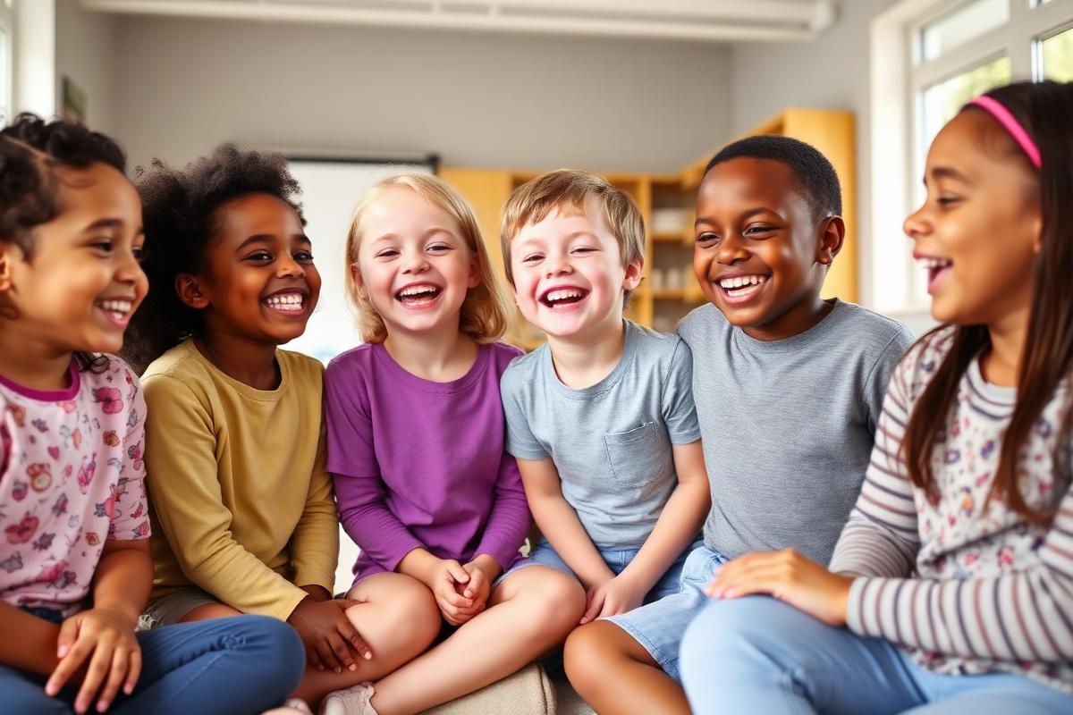 Diverse group of happy children laughing together in a bright classroom — representing the positive social outcomes of ABA therapy