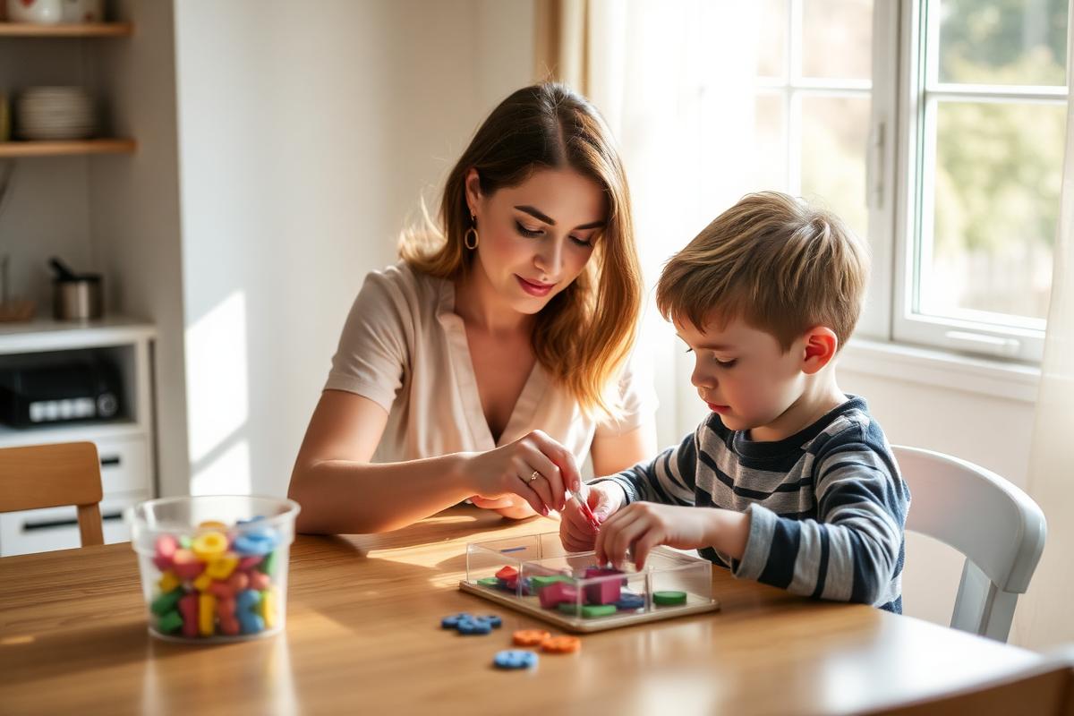 Mother and young son sitting together at a sunlit table working on a focused sorting activity, an everyday moment that touches on autism vs ADHD differences