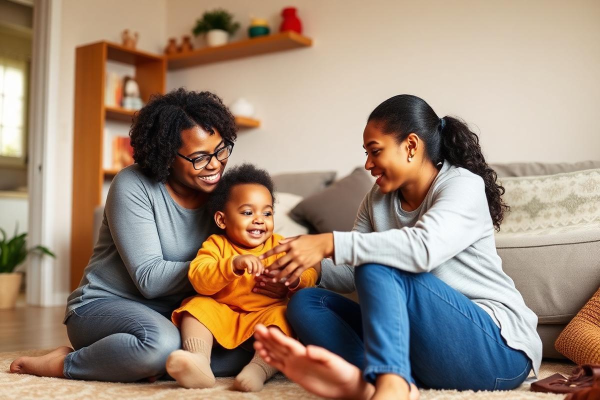 Multicultural family playing together with a therapist during a culturally responsive ABA therapy session at home in Minnesota