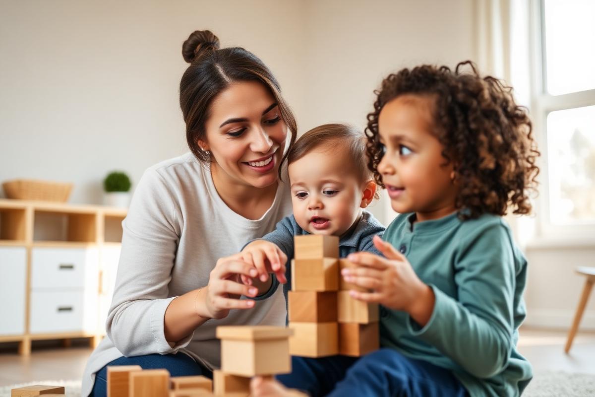 Therapist and young child playing with colorful shape-sorting blocks during an early intervention session