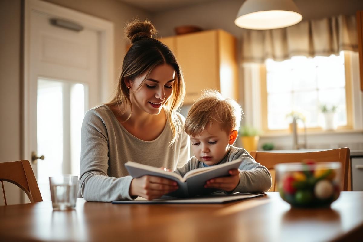 Mother and young child learning together in a warm, supportive home setting