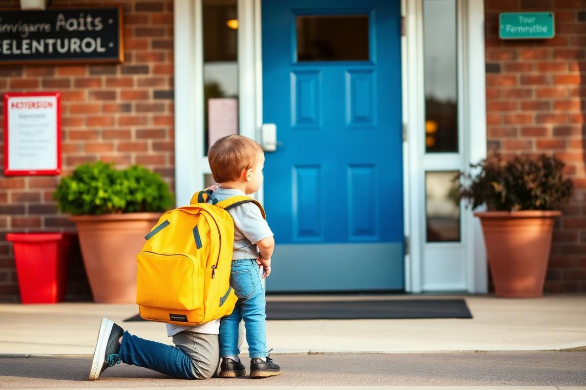 Parent kneeling beside a young child with a backpack at the entrance of an elementary school during an autism kindergarten transition