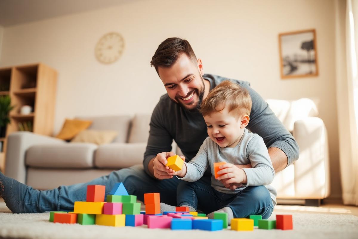 Father and young son building with colorful blocks together on the floor during a play-based therapy activity