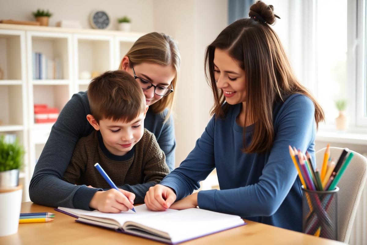 Woman tutoring a young boy at a desk, helping him with schoolwork in a one-on-one learning setting