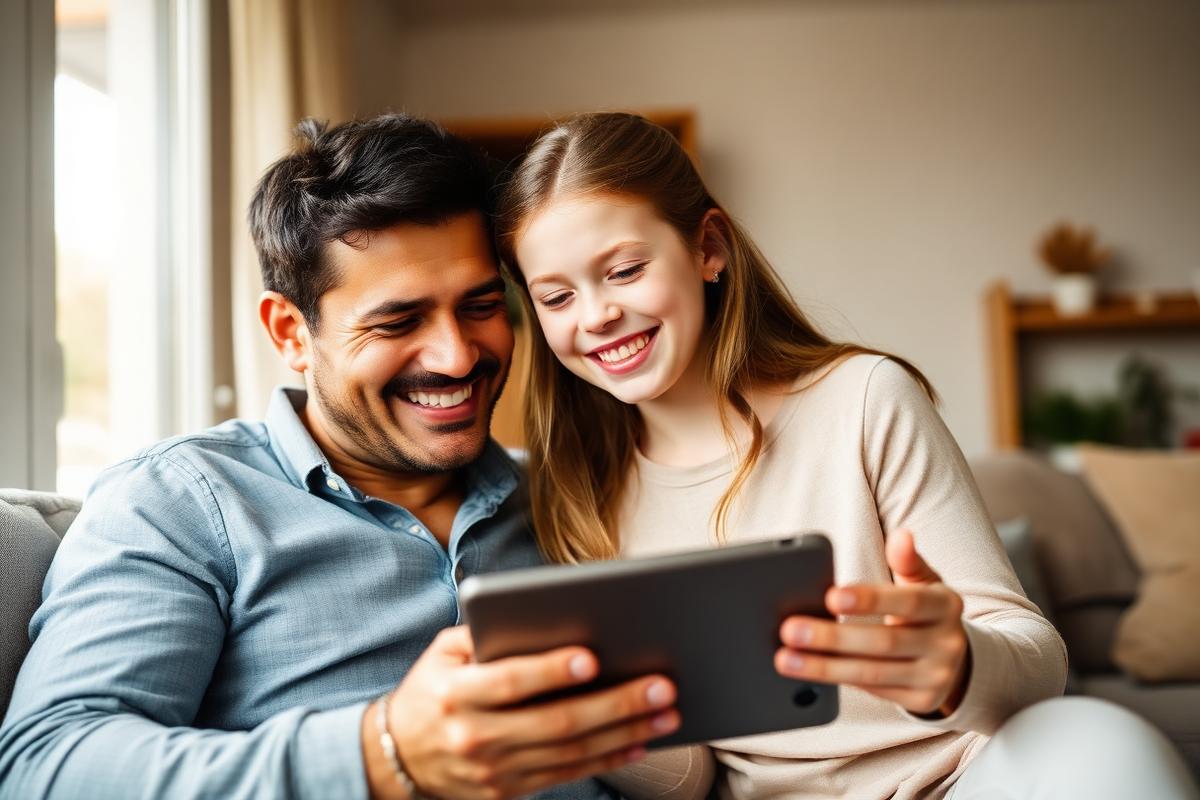 Father and daughter smiling together while reviewing a tablet at home